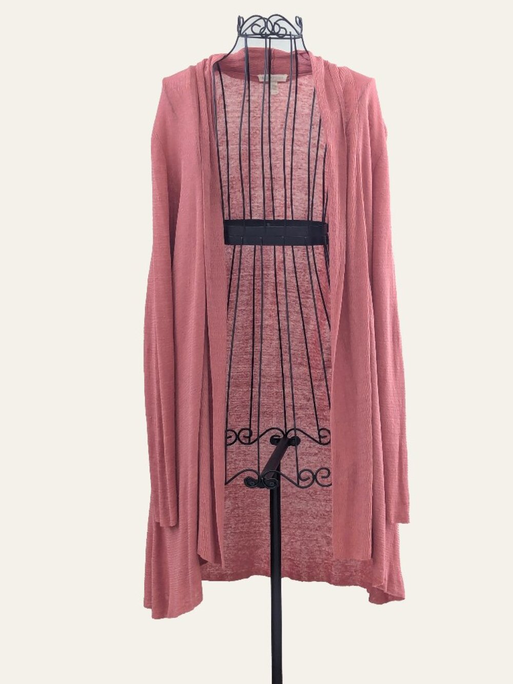 Eileen Fisher Organic Linen Long Cardigan L Dusty Rose Sheer Open Front